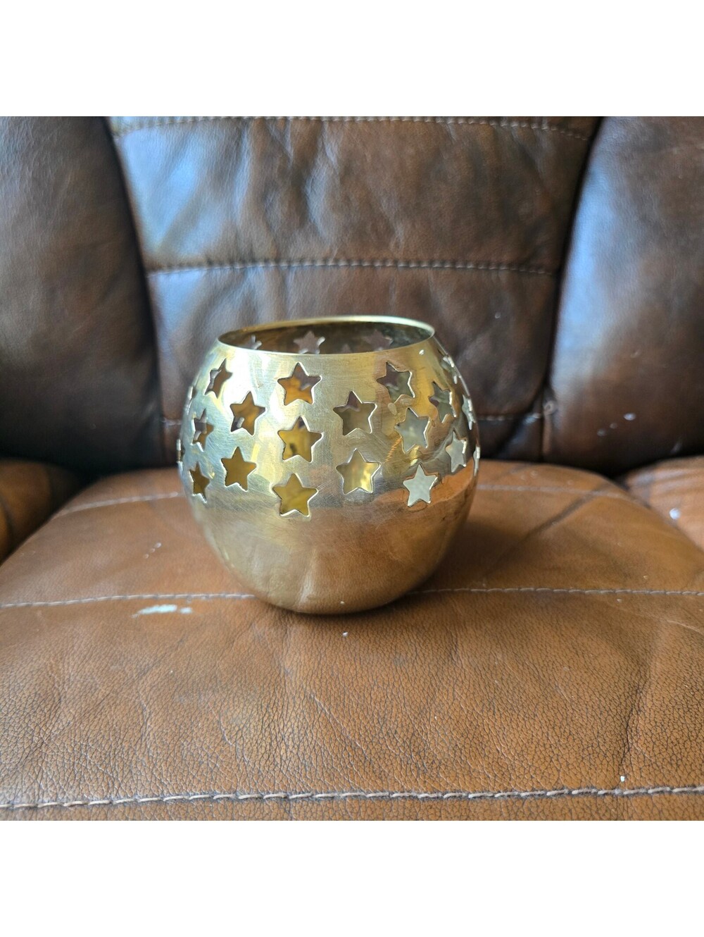 Vintage Brass Celestial Star Cutout Votive Candle Holder Sphere Globe Orb